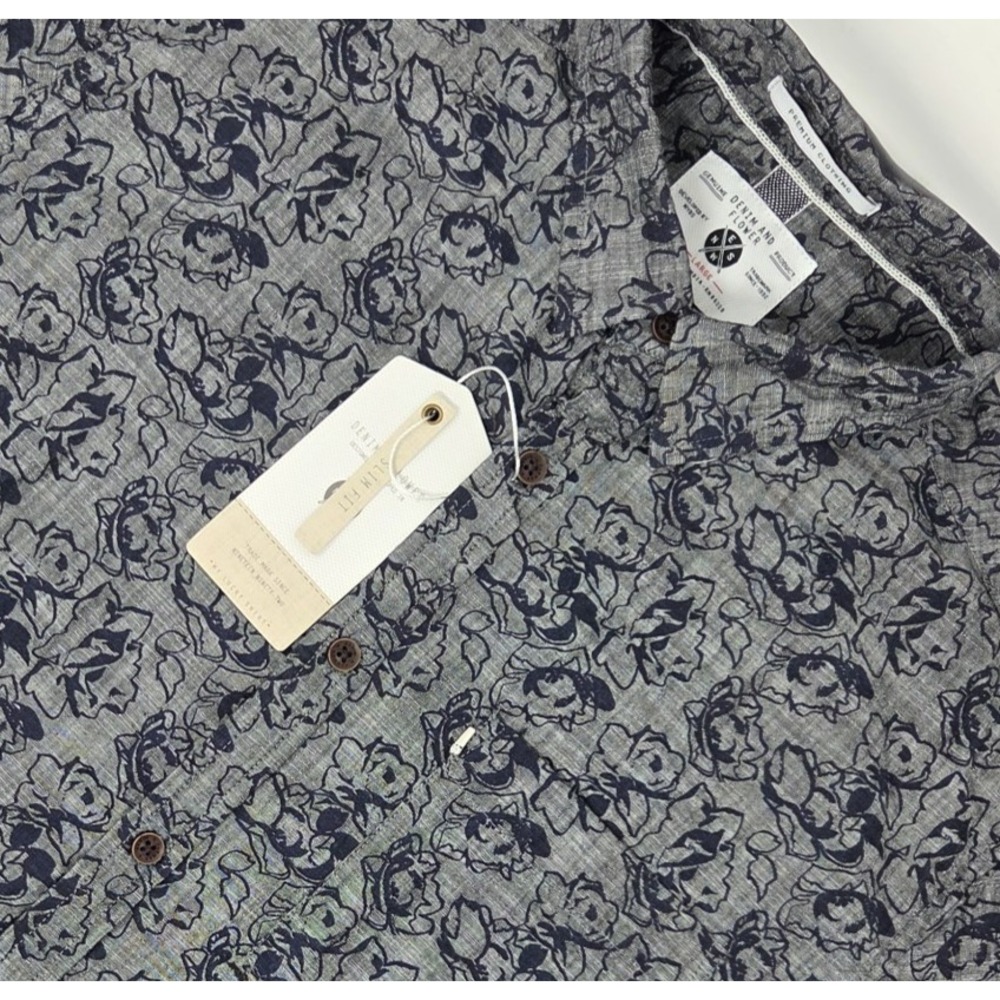 NEW Denim & Flower Ricky Singh Chambray Floral AOP Slim Fit Button Up Mens Large